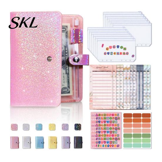 Macaron Color Notebook A6 Budget Planner Notebook, Glitter Cash Tracker Journal, Financial Refillable Accounting Organizer with Dividers for
