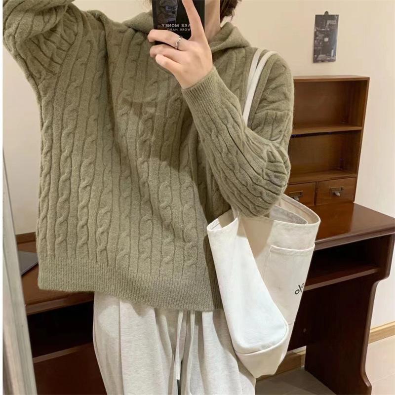 

Autumn and winter new retro twist hooded pullover sweater women s simple and versatile loose lazy wind knitted sweater tide One Size