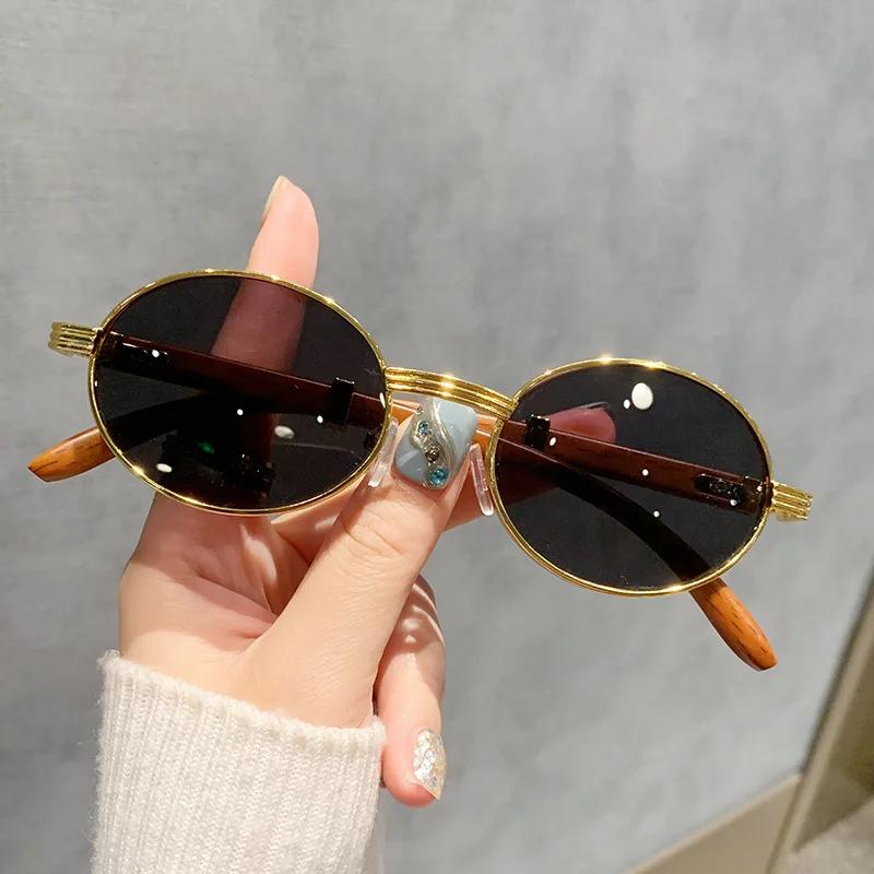 Wood-grain Legs Metal Oval Frame UV Protection Myopia Glasses Luxury Brand Vintage Punk Metal Outdoor UV400 Sun Glasses