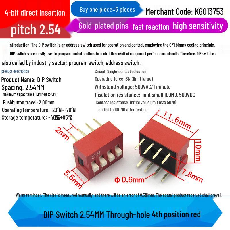 SMD DIP Switch, Flat Toggle, 2P 4-10 Positions, 2.54mm, Red/Blue/Black