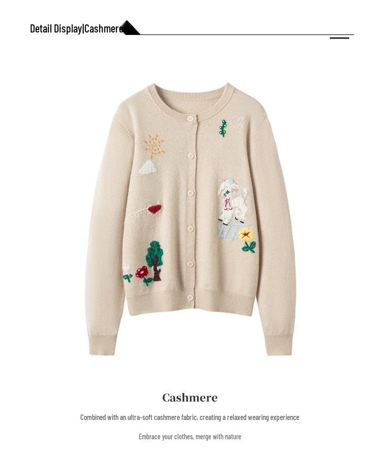 Women's Round Neck Embroidered Cashmere Cardigan - Autumn/Winter 2026: Gentle Style, Loose Fit, Slimming, Warm Outerwear