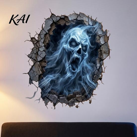 Halloween Party Wall Backgrounds 3D Decal, Breakout Illusion Sticker with Skull Ghost, Spooky Easy Apply Graphics for Dorm Room Decor Party, Peel And