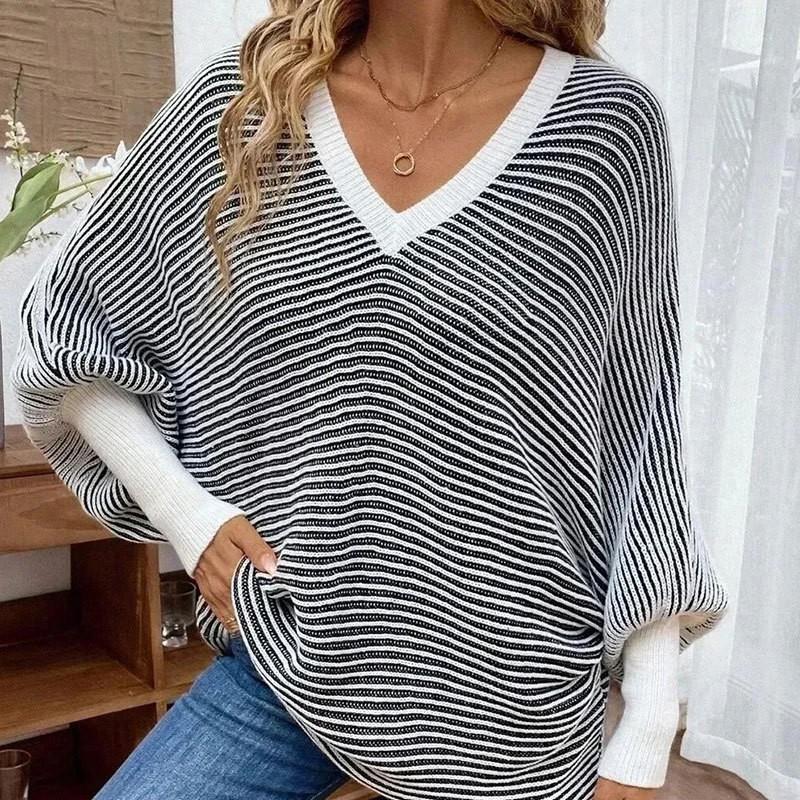 Womens Striped V-Neck Batwing Sleeve Loose Knit Sweater Winter Casual Pullover Top