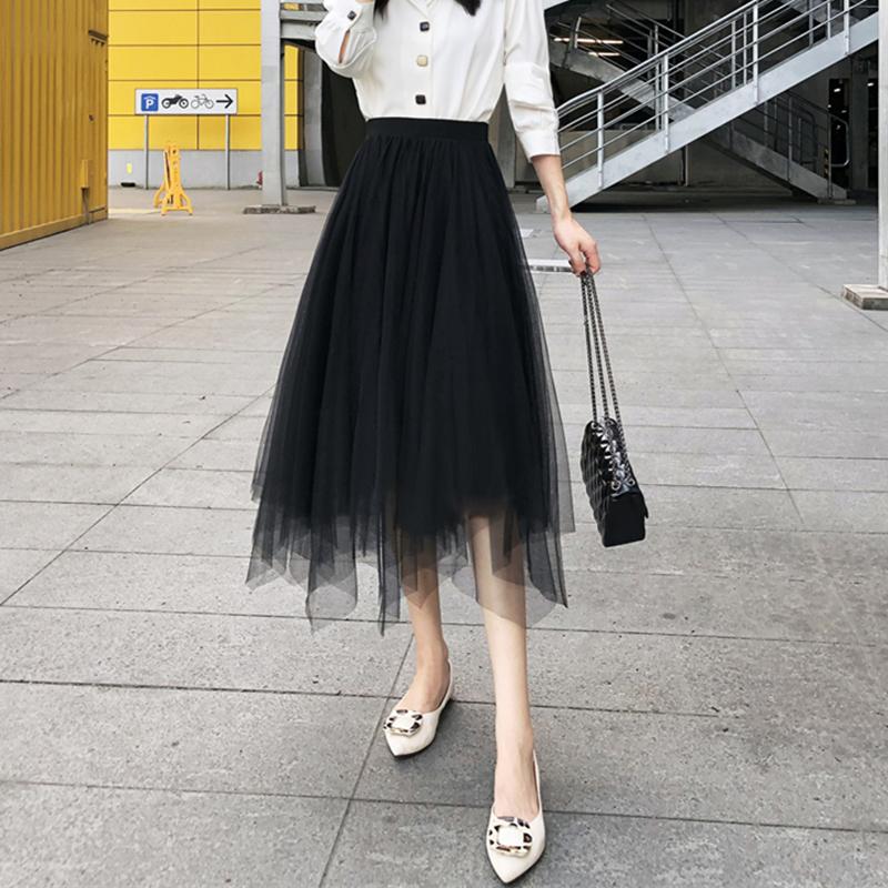 Qooth Summer Asymmetrical Pleated Skirts Elastic Waisted Tulle Midi Skirt Elegant Simple Casual SkirtQT2582