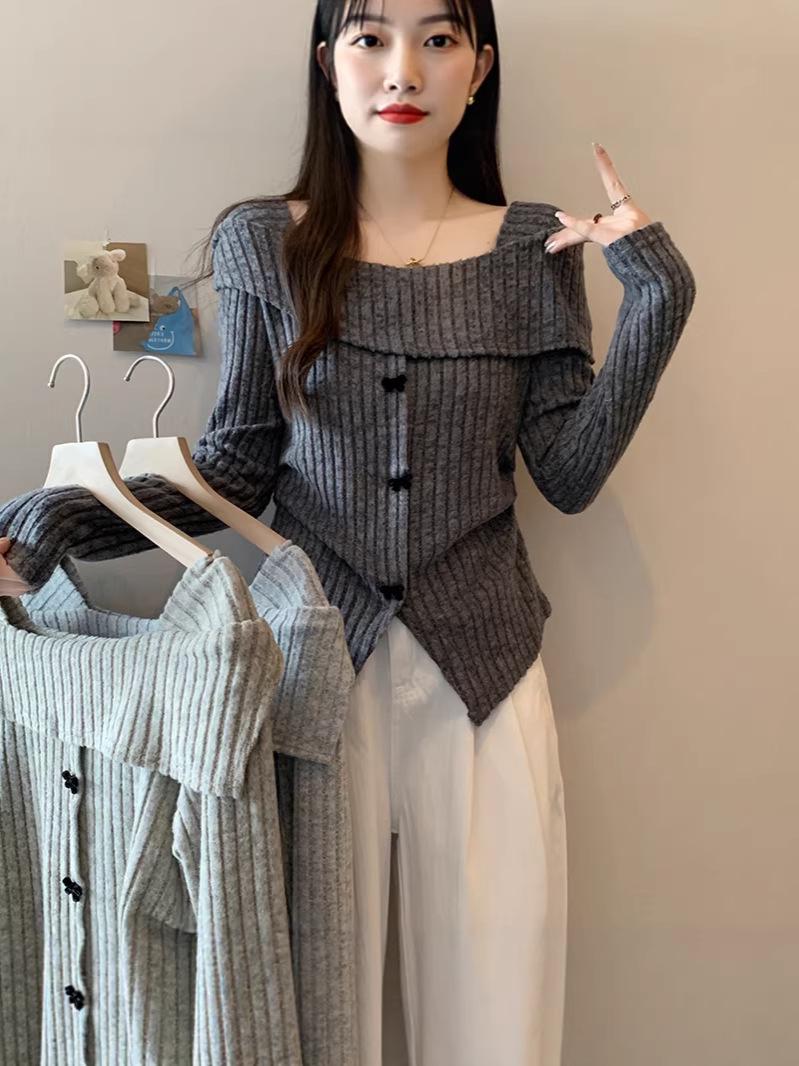 2025 Spring Plus Size Women s French Square Neck Bow Ribbed Knit Top 3XL светло-серый