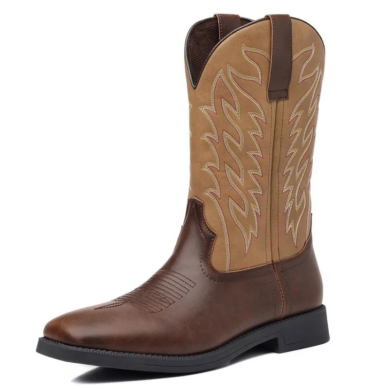fashion Men's Classic Tall Embroidered Ankle Boots Retro Designed Men Shoes Wide Toe Western Cowboy Boots Pointed Platform Boots for Men
