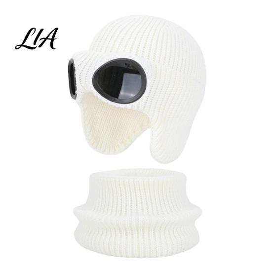 Aviator Ear Protection Cap with Goggles 1 Set Knit Hat Neck Warmer for Kids, Winter Earflap Goggles, Toddler Cold Weather Windproof Fleece Lined Cap,
