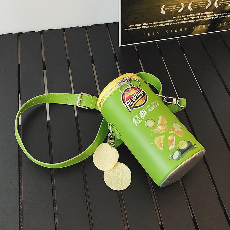 

Personality funny small satchel niche trendy brand cylindrical potato chips mobile phone bag trend design sense commuter shoulder messenger bag зелений