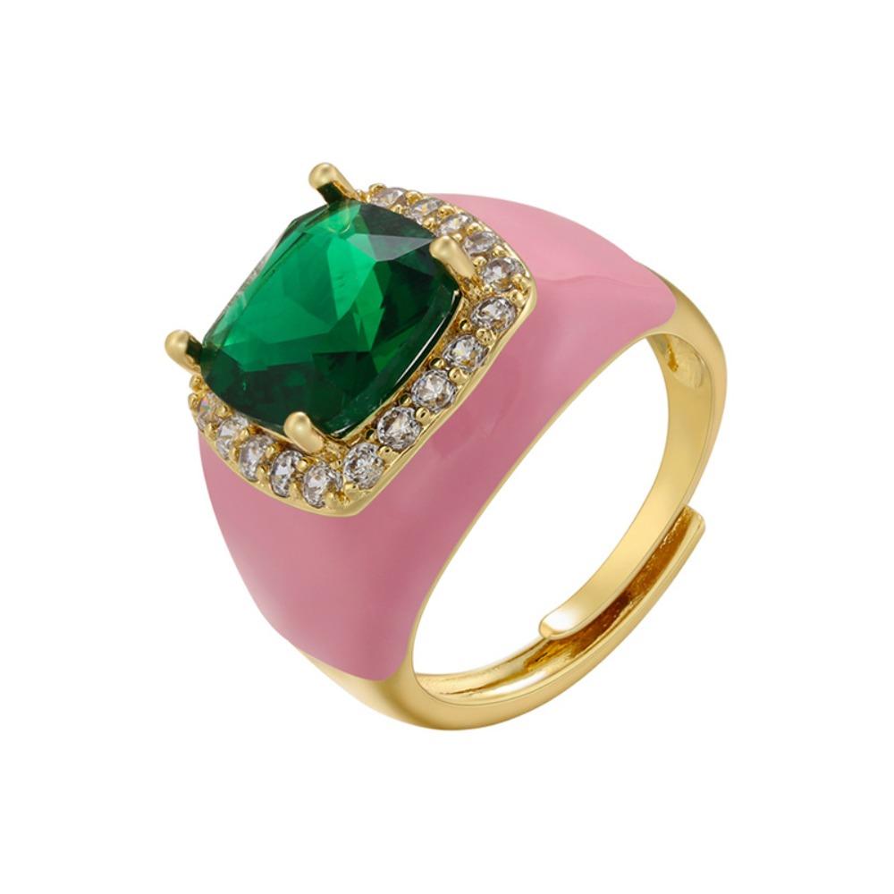 Gold Plated Zircon Open Ring Multicolor Geometric Square Ring Enamel Dripping Oil Ring  For Women