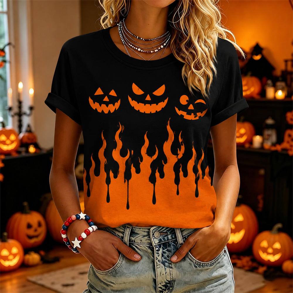 Simple Casual Cartoon Style Pumpkin Print Halloween T-shirt For Men Women Short Sleeve Round Neck Black T Shirts New Trend