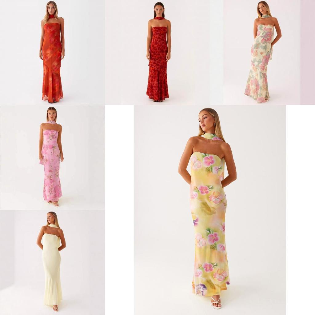 Maxi Abito in Chiffon Floreale Francese con Zip per Vacanze Estive al Mare