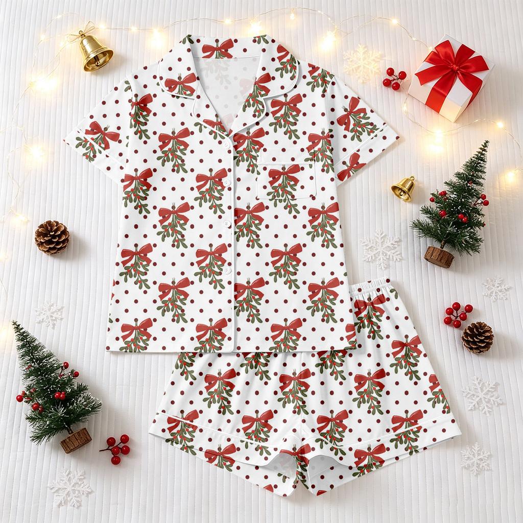 Women's Christmas Pajama Set with Short Sleeve Button Down Shirt and Pajama Shorts