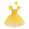 Girls Mesh Dance Dress Flutter Sleeve Spaghetti Straps Lace Floral Tutu Skirt Performance Outfit with Headdress