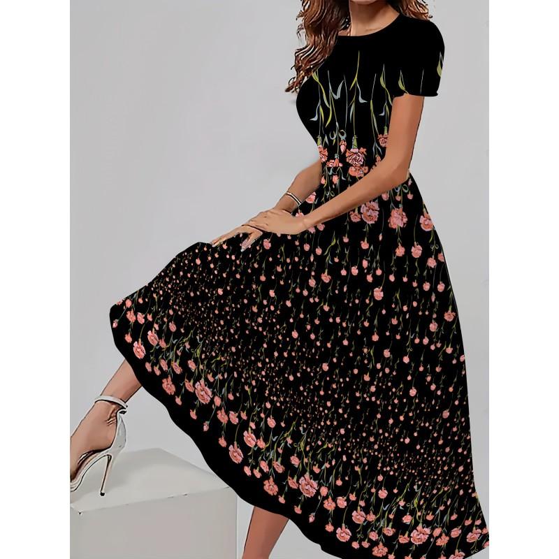 Womens Loose Fit Cotton Print Short Sleeve Round Neck Midi Dress Casual Wear