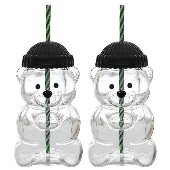 2 ks Kelímek ve tvaru medvídka s víčkem a brčkem Roztomilý nepropustný hrnek pro děti dospělé Plastový kelímek na studené nápoje na smoothie a ledovou kávu