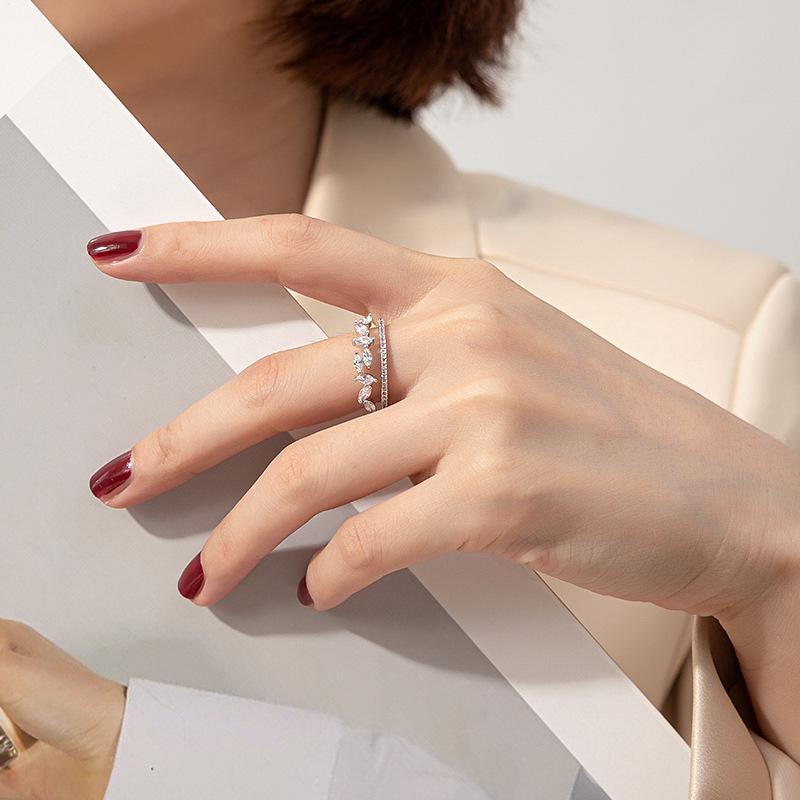 Elegant Double Layer Zirconia Flower Ring for Women - Adjustable Open Band, Artistic Design for Index Finger.
