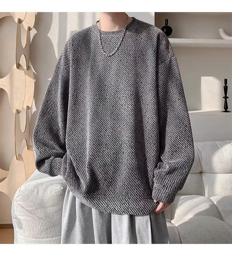 Men's Velvet Chenille Stripe Hoodie, Autumn/Winter, Warm Round Neck, Trendy American Style Pullover.