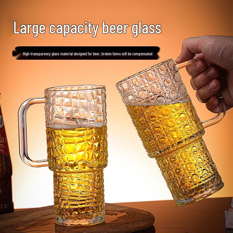 Large Capacity Glass Cup with Handle and Gem Pattern