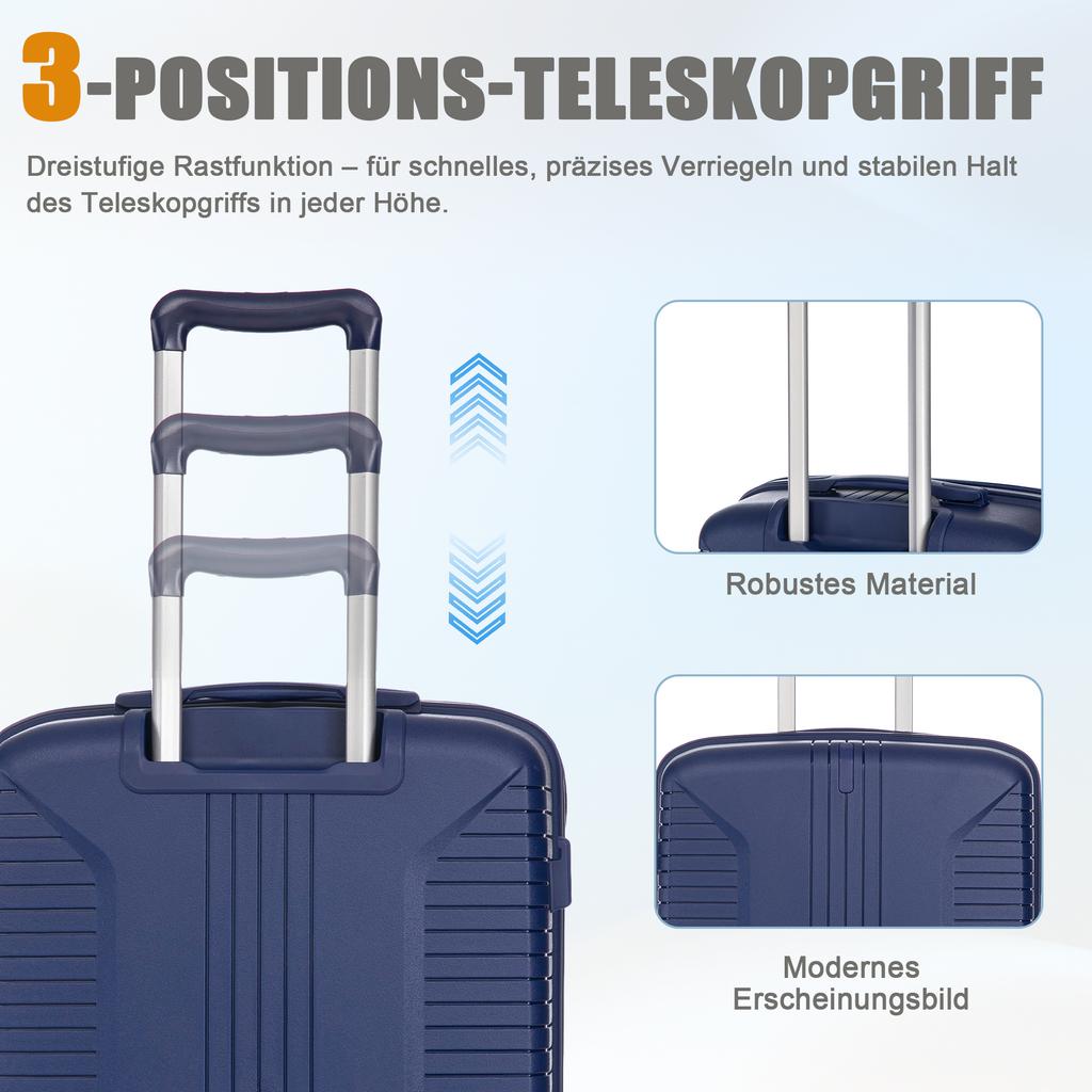 20"/24"/28" 3-Piece PP Spinner Luggage Set – Sizes with Side Handles, Hanging Hooks & Protective Feet – Integrated Combination Lock(Blue)