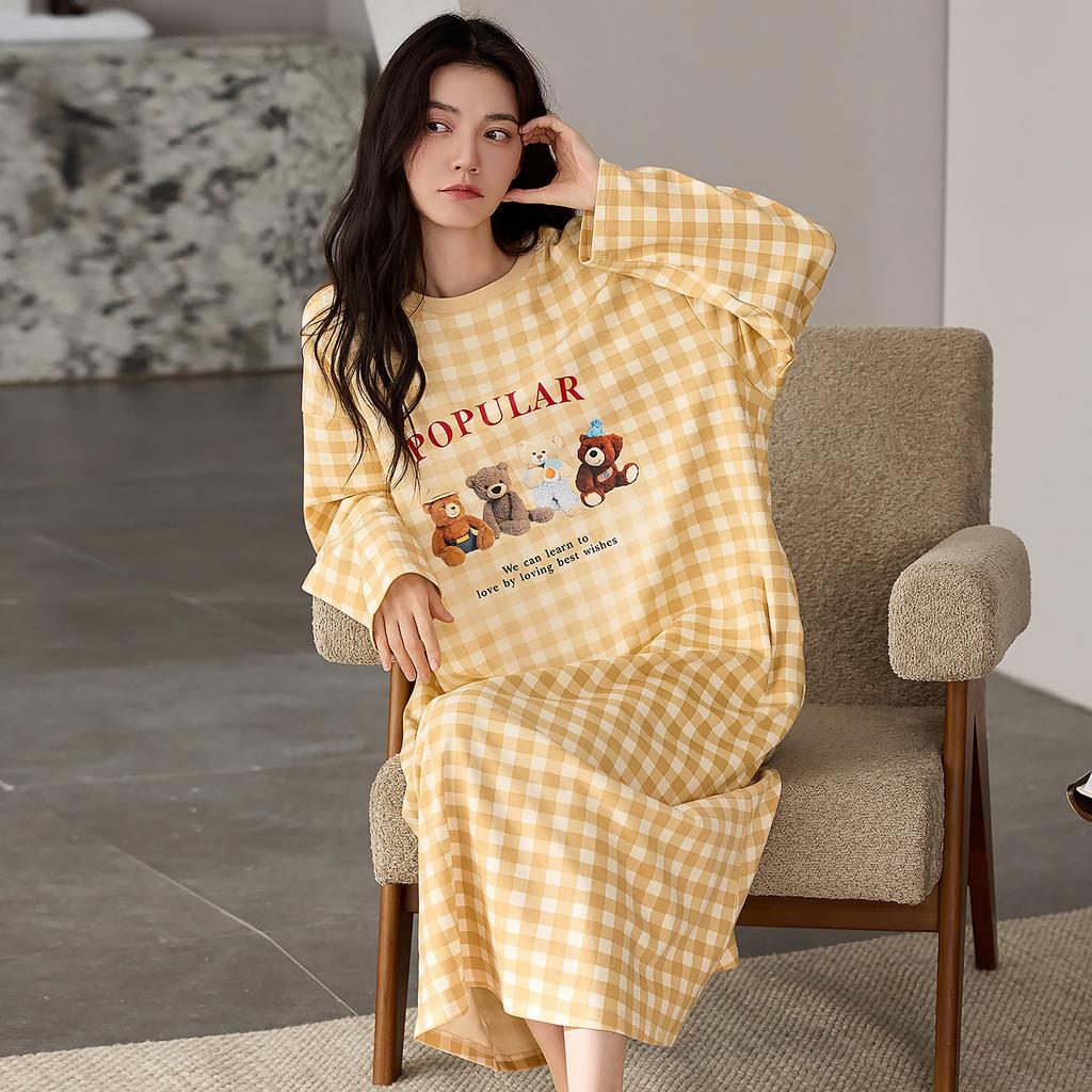 Pajamas Women'S Spring And Autumn Pure Cotton Long-Sleeved Autumn Long Round Neck Cute Cartoon Women'S Pajamas Skirt
