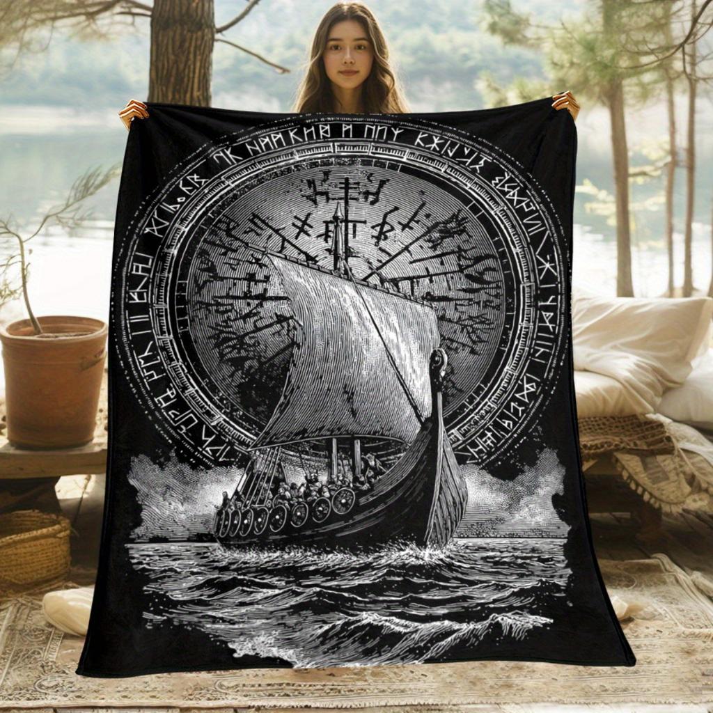 Custom Viking Ship Blanket Norse Compass Design Personalized Name Fleece Throw All Season Soft Warm Bedding Home Decor Gift