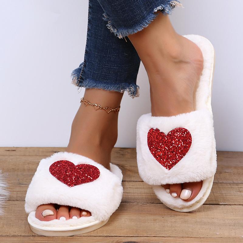 Fashion Fashion Heart Shaped Sequin Plush Slippers Women Open Toe Faux Fur Indoor Home Slides Woman Autumn Winter Fluffy Flat Slippers