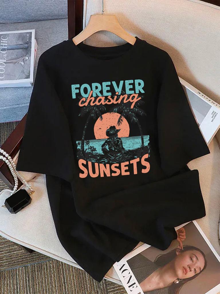 Summer T-Shirts Cotton Womens Forever Chasing Sunsets Cowgirl Printing Short Sleeve Comfortable Soft O-Neck Tops Basic Clothes