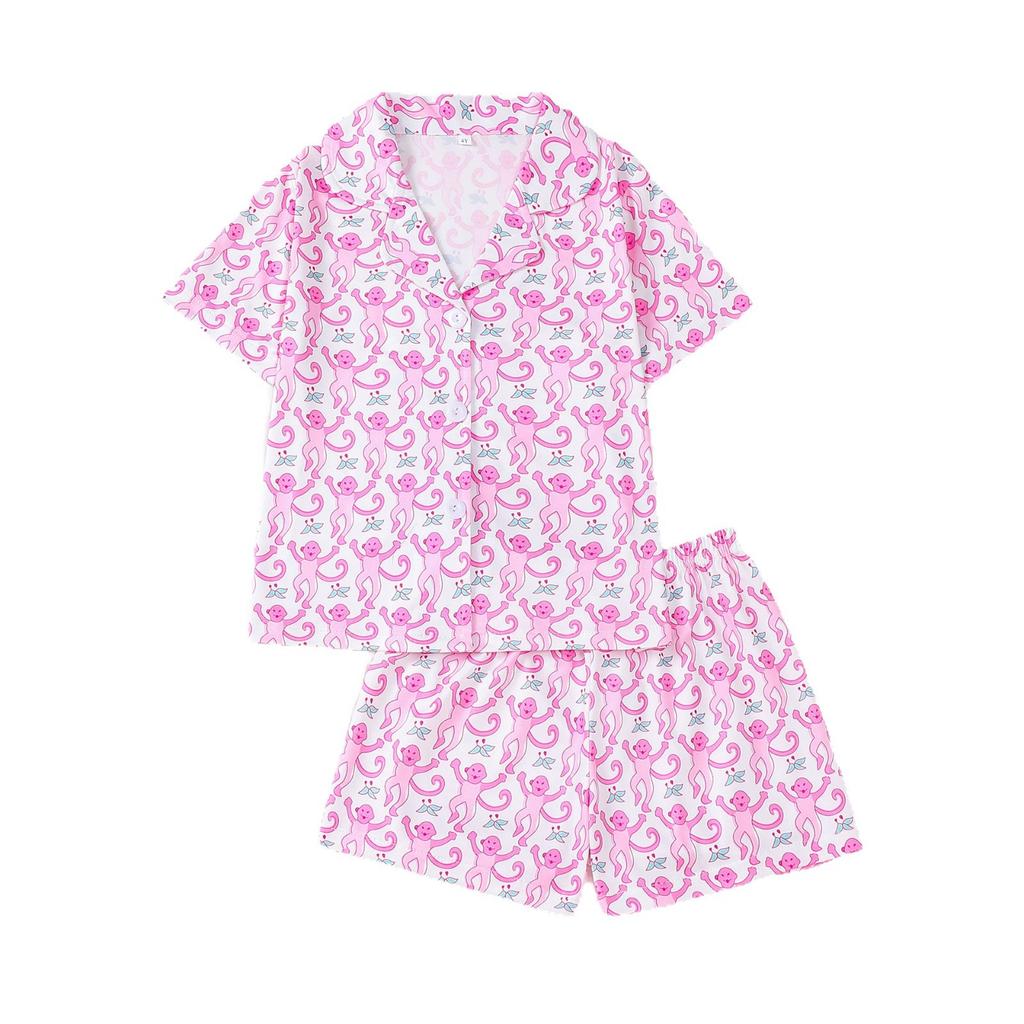 New Four Seasons Middle Children's Girls Pajamas Set Short Sleeve Shorts Cardigan Printed Kids Pajamas