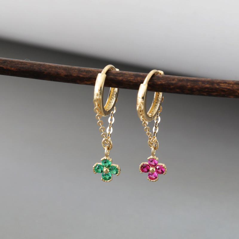 18K Gold-Plated S925 Sterling Silver Four-Petal Zirconia Flower Ear Clip Earrings for Women Red Stone Platinum Pair