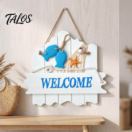 Marine Elements Wall Art Mediterranean Style Wooden Welcome Sign, Starfish And Shells Hanging Seaside Inspired Ornament Plaque, Decorative for