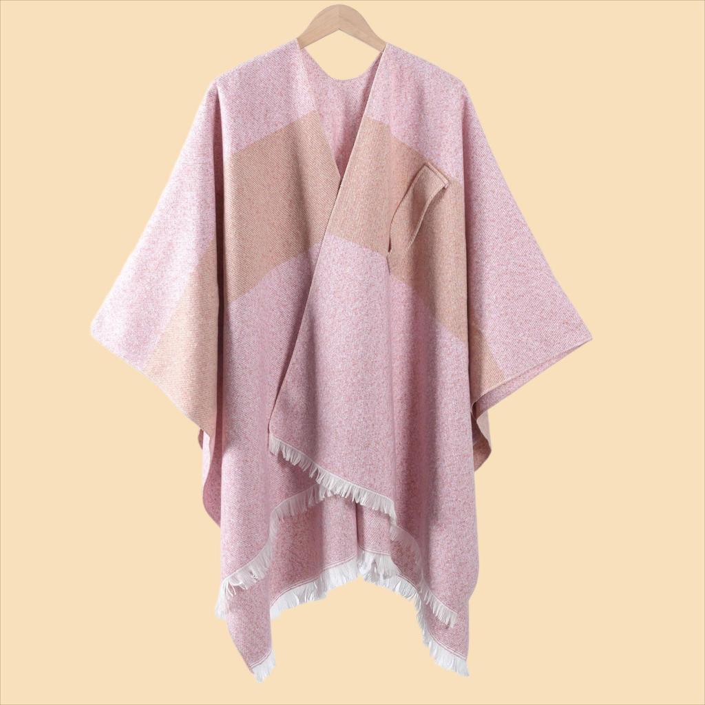 Damen Herbst & Winter Doppelseitiger Faux-Kaschmir Umhang Schal - Einfarbig mit Schlitz