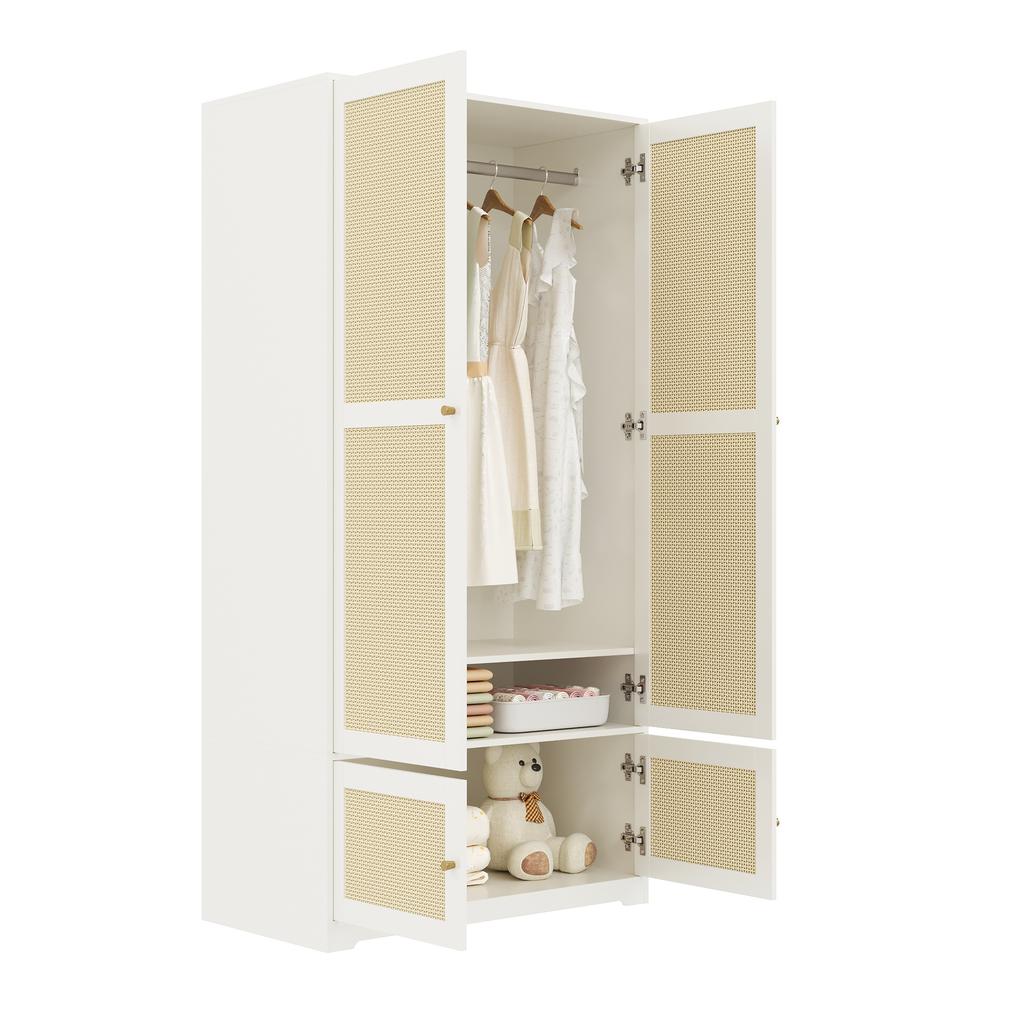 Rattan Wardrobe, 2-Door Wardrobes, Wardrobe, with Clothes Rail and Shelves, made of MDF and Lacquered Fronts, Bedroom Wardrobe, White, 90 x 48 x 180cm