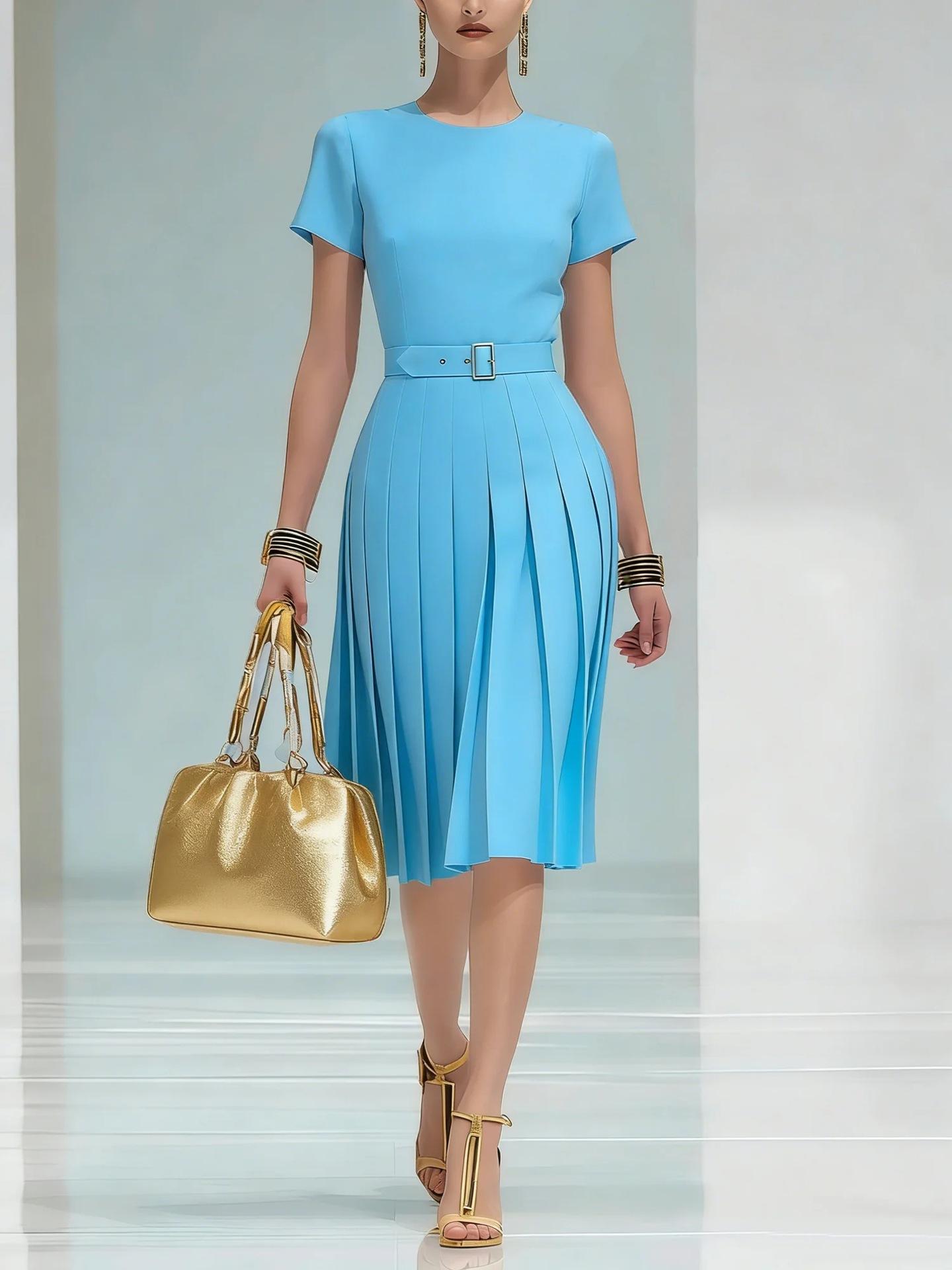 European fashion temperament simple niche pleated round neck medium and long skirt summer thin dress S