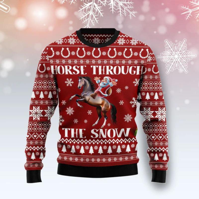 Full Print Horse Through Snata Claus Ugly Christmas Sweater For Men Women New In Pullover Sweatshirts Clothes Men's Xmas Jumper