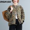 IHUASU Cotton Linen Women Shirt Vintage Oversized Blouses Floral Print Harajuku Raglan Sleeve Casual Loose Female Button Down Shirts Tops