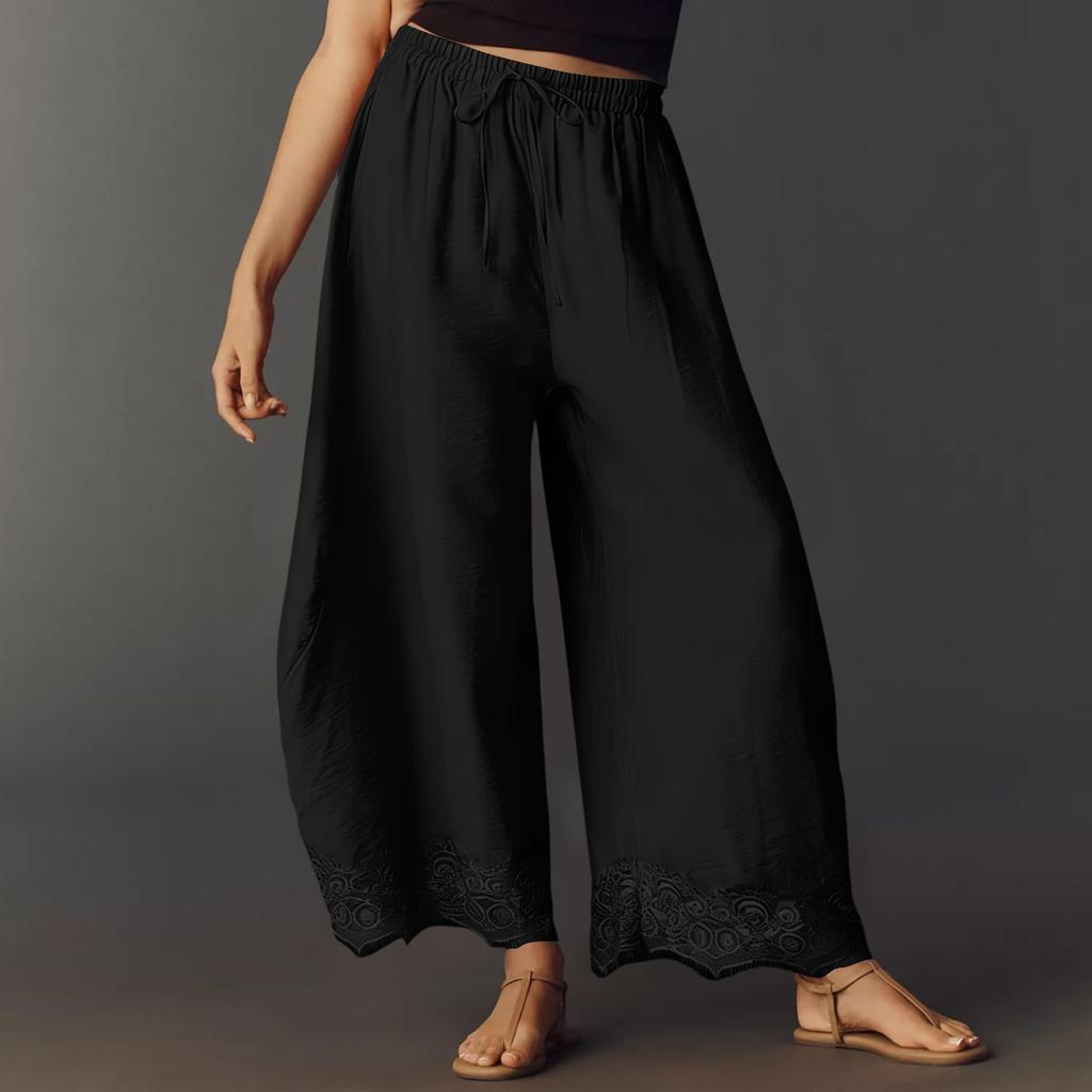 Women Casual Wide Leg Pants Elastic Waistband Drawstring Waist Patchwork Lace Hem Loose Fit Palazzo Trousers for Everyday Wear