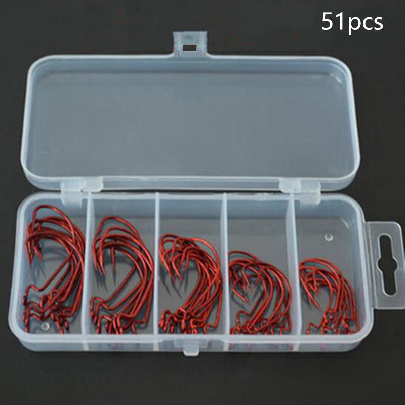 

51 Pieces Crank Hook Set Wide Belly Subsoft Bait Hooks Black Nickel Red Nickel Plastic Box Packaging for Fishing Gear красный