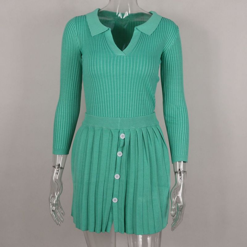 European and American Sexy Pleated Autumn Silm Long Sleeves Open Collar T-shirt Skirt Knitted Two-Piece Knitted Suit