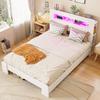 Wooden Bed Frame with Storage In the Headboard, LED Lighting, Integrated Outlets, Modern Platform Bed In White 140 X 200 Cm