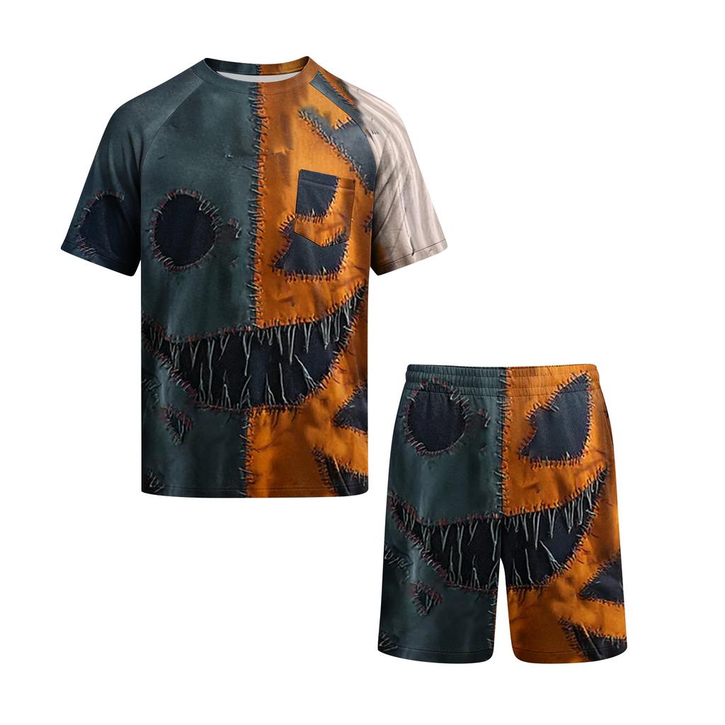 Men's Halloween Casual Pajama Set Short Sleeve Top and Shorts Patchwork Design Comfortable Sleepwear Lounge Outfit for Home Use