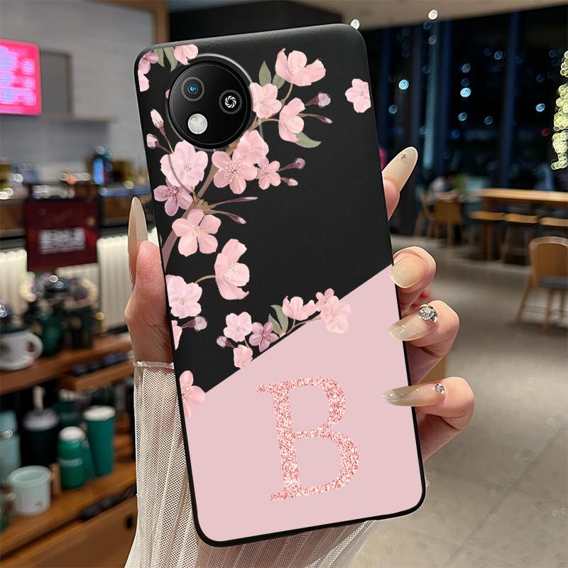 

Black Case For ZTE Blade A35 Lite/Blade A35 Core Flower Printing Initial Letters Phone Casing Soft Silicone Protective Cover ZTE Blade A35 Core