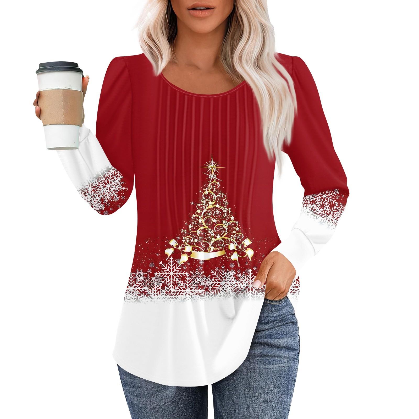 

Рубашки с длинным рукавом для женщин, топы, нарядные повседневные блузки с рождественским принтом, плиссированные туники с круглым вырезом XL красный