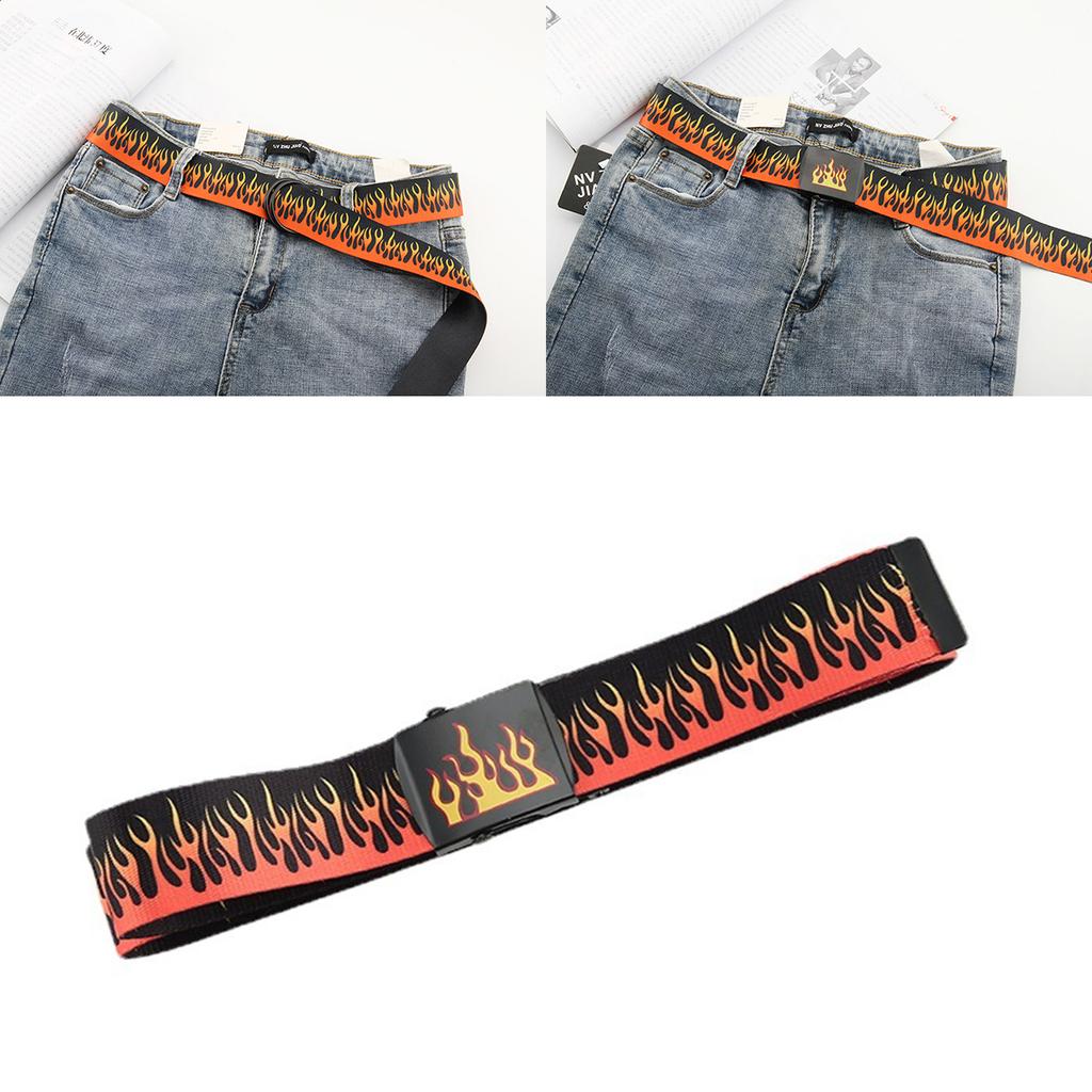 Hip Hop Style Flame Pattern Belt With Metal Buckles Durable Weave Fabric Adjustable Waist Strap For Punk Fashion Enthusiasts