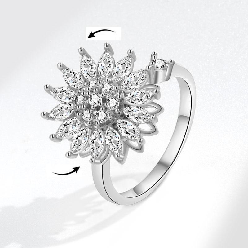 

Sunflower Shaped Rhinestone Fidget Ring for Women Glittering Anxiety Relief Relaxing Knuckle Ring Free Rotating Metal Spinner resizable