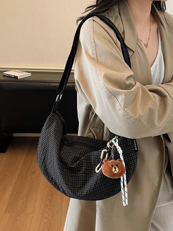 Nylon Plaid Shoulder Bag With Zipper Closure For Casual Daily Use