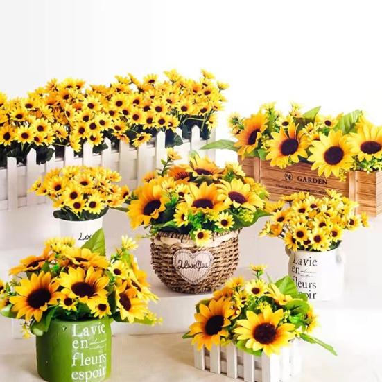 Artificial Sunflower with Green Leaves 7 Fork 13 Head Realistic Fake Silk Flower Home Office Party Indoor Outdoor Faux Bloom Decoration