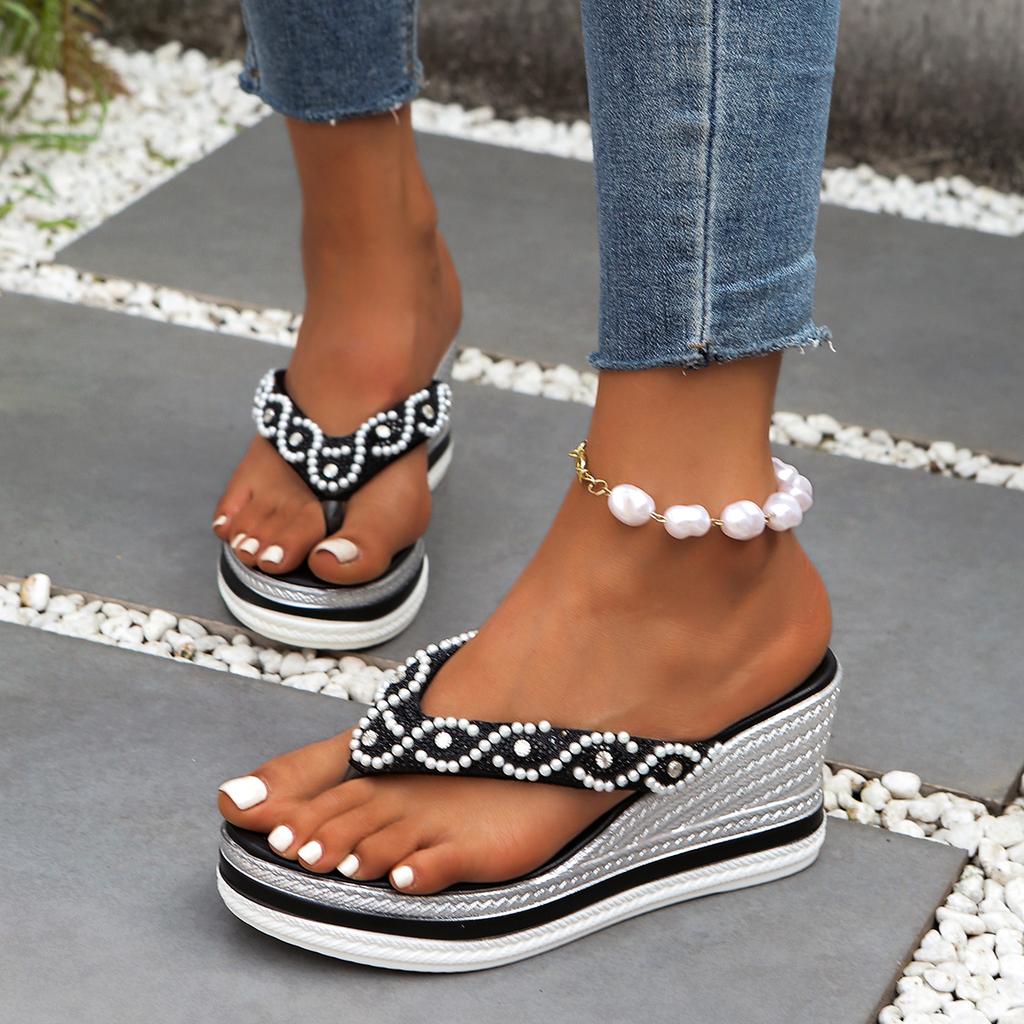 Damen Sandalen Mode Schnur Perlen Keile Hausschuhe Damen Sommer Klobige Plateau Flip Flops Zehensteg High Heels Schuhe für Damen