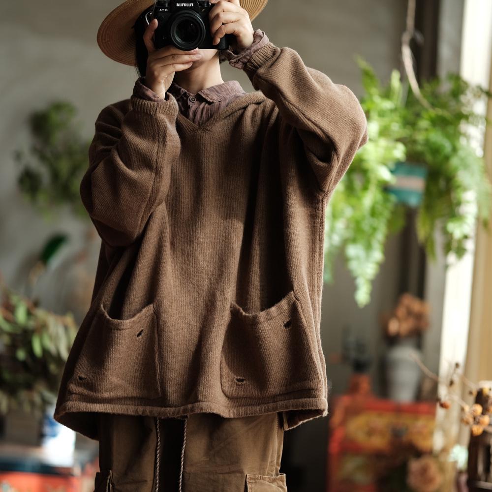 Khaki Wool V-neck Hooded Sweater - Retro Literary Style