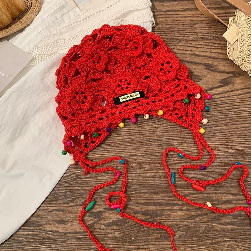 Bohemian Floral Tassel Woven Head Wrap Hat Women's Retro Hollow Ethnic Style Slouchy Hat Hand-Knit Cap