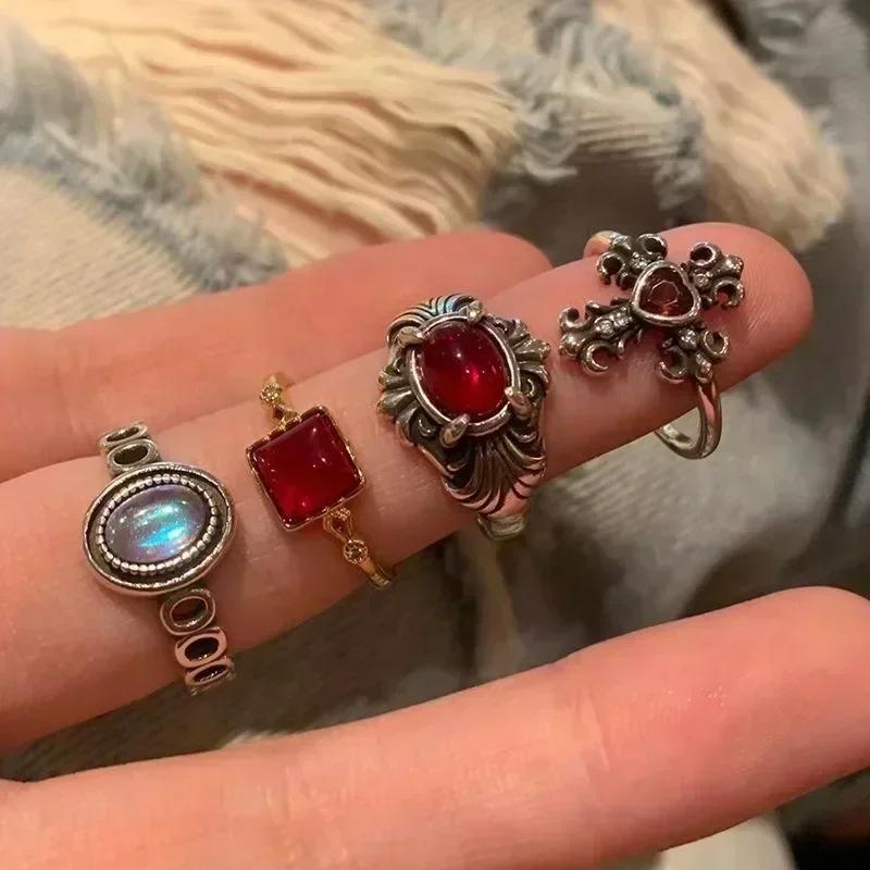 

Red Crystal Cross Open Rings For Women Punk Geometry Square heart Rings Creative Vintage Gothic Zircon Accessories Gift